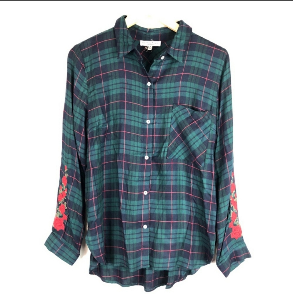 Current air plaid floral embroidered long sleeve